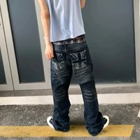 Men's Cross Patterned Jeans American High Street Style Loose Fit Straight Leg Dark Blue Slightly Flared Trousers for Autumn