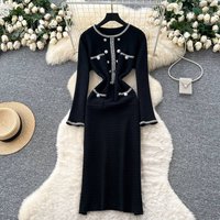 Clothing Elegant French Inspired Knit Dress Metallic Buttons High Waist Slimming Midi Dress One