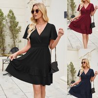 Clothing Elegant Ruffle Hem Dress Flutter Sleeve Cross V Neck Casual Summer Dress