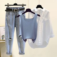 Clothing Summer Suit Large Wear Sun Protection Shirt Inner Suspenders Ripped Jeans Three Pieces