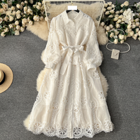 fashion hollow flower breasted slim fit mid length version puffy sleeve dress
