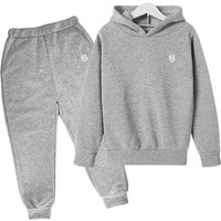 Kids‘ Fleece-Lined Hoodie Set – US Letter Print Pullover & Joggers, Stylish Unisex Tracksuit For Autumn