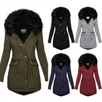Fashionable Fur Collar Hooded Warm Drawstring Waist Mid length Cotton Jacket