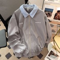  Casual Loose Fit Embroidered Logo Plaid Lapel Two Tone Jacket Breathable Polyester Blend Windproof Versatile Daily Wear