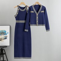 French temperament lady high waist fashion two piece sweater dress new knitted sweater vest dress