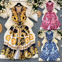High end Dress Luxurious Palace Retro Print Puff Sleeves Lace up Waist Slimming Elegant Long Skirt Full Skirt