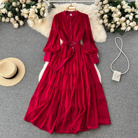 Clothing Spring style V neck single breasted chiffon dress French retro waist slimming big swing line long skirt trendy