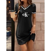  V Neck Letter Print Dress Trendy Casual Dress Everyday Style