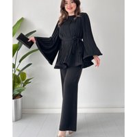 Clothing suits fashion lace up pleated loose tops wide leg pants two piece suit