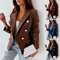 Clothing autumn winter style long sleeved double breasted fashionable PU leather suit small jacket