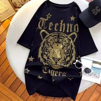 large size 2-300 pounds heavy industry full diamond tiger head back wings hot diamond short-sleeved t-shirt women's black top trendy
