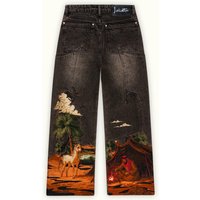 Vintage Print Straight Leg Jeans For Men, Relaxed Fit Loose Trousers, Retro Floral Pattern, Comfortable Cotton Blend, Casual Wide Leg Pants