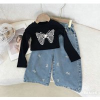 Mother & Spring Autumn Fashion Butterfly Long Sleeve T Shirt + Bow Jeans Two Piece Set