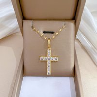 Shiny Luxury Zircon Cross Pendant Necklace for Women Men Stainless Steel Chain Trendy Jewelry Accessories Gifts for Friends