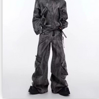 Clothing Distressed Denim Jacket Coat Wasteland Heavy Zipper Large Pocket Workwear Wide Leg Mopping Pants Trendy