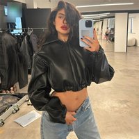 Women's Faux Leather Zip-Up Hooded Cropped Jacket - Streetwear Chic Long Sleeve Biker Style, Slim Fit Ribbed Trim (Black, XS-L)