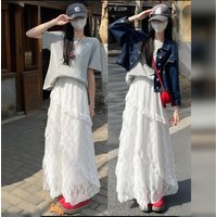 Women's White Asymmetrical Midi Skirt High Waist A-Line Lace Layered Ruffle Skirt For Spring Summer