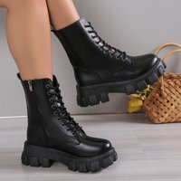 2024 Hot Sale Shoes Lace Up Autumn Round Toe Solid Platform Water Proof Short Barrel Large Naked
