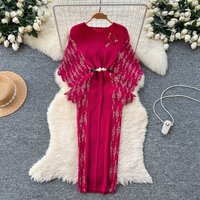 Women's Clothing Fashionable Pleated Slim Fit Batwing Sleeve Long Dress Elegant Floral Pleated Wrap Dress – Batwing Sleeve & V-Neck Retro Maxi Dress