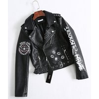 Leather jacket for women short pu leather fashion printed motorcycle jacket top black small leather jacket
