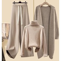 Clothing autumn suits lazy style cardigan jacket slim sweater wide leg pants three piece suit