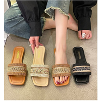 Large One Line Flat Bottom Slippers Ethnic Style Woven Square Toe Beach Sandals Slippers