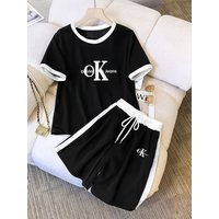  Printed Short Sleeve Tee & Shorts Set Korean Inspired Slim Fit Outfit Summer 12