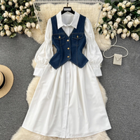 Clothing layered design suit puff sleeve shirt dress + denim vest two piece suit
