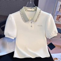 Clothing Slim Fit Polo Collar T Shirt Rhinestone Embellished Short Sleeve Summer Top Unique Design Heavy Duty Style
