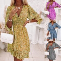 printed dress loose fashion V neck chiffon pleated skirt