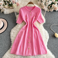 Clothing Gentle Round Neck Knitted Dress Summer Clothing Metal Buckle Waist Slim Line Medium Length