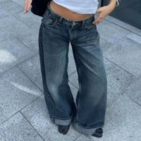 Women's Retro Mid-Rise Wide-Leg Jeans - Vintage Straight Denim Pants With Cuffed Hem, Black/Light Blue/White/Raw Denim (Xs/S/M/L)