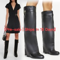 【Pre sale Ships 15 Days】Vintage Large Round Pointed High Heel Metal Lock Wedge Pants Boots Plus Sleeve