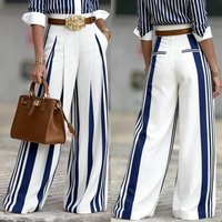Blue & White Striped High-Waisted Wide-Leg Pants for Women Stretchy Comfortable Flowy Office Trousers S to XXL