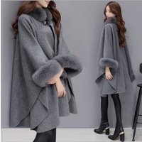 Women's clothing big rabbit fur collar mid-length woolen coat temperament cloak shawl Hepburn style woolen large size coat for women