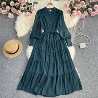 Dress Temperament V neck Large Swing Pleated Dress Long Dress