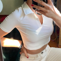 Women's Polo Neck Short Sleeve Top Fitted Bottom T Shirt