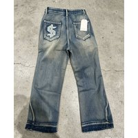 Men's Ice Blue Gradient Lightning Jeans High Ounce Denim Mid Waist Straight Pants Vintage Casual Fashion For Autumn Winter