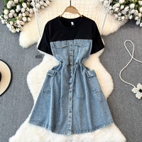 Women’s Clothing Two Piece Short Sleeved Round Neck Patchwork Waist Slimming Medium Length Denim Dress