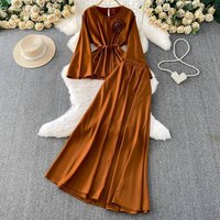 Luxury Floral Embroidery Bell Sleeve Top & Slimming Midi Skirt Set – Elegant Satin Lounge to Cocktail Outfit 