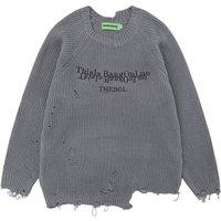 Men's Clothing Slouchy Ripped Sweater Men's Loose Street Trend Embroidered Monogram Crew Neck Sweater