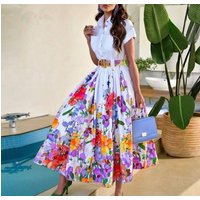 positioning hem floral short sleeved waist shirt long skirt no belt LZR16451