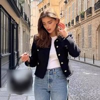 European American Spring Autumn Metal Button Pocket Woolen Short Outer Single Breasted Top Jacket