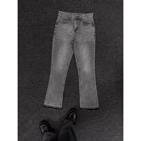 Men's Vintage Grey Distressed Flared Jeans High Street Cleanfit Denim Mid Waist Long With Frayed Hem Micro Bell Bottoms
