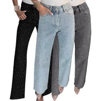 High Waisted Straight Leg Rhinestone Jeans – Stretch Denim Pants Glam Look 