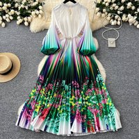 Women's Clothing High End Elegant Dress Beaded Round Neck Pleated Lantern Sleeve Waist Printed Long Skirt