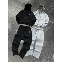 Men's Clothing Hooded Embroidered Zip-up Pocket Trendy Sweatshirt Set, Available In Black And Gray, With Straight-leg Sweatpants, Y2K Style.