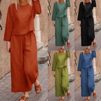 casual loose solid shirt long sleeve trousers two piece set