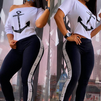 Clothing autumn summer clothing anchor print short sleeved T shirt tops high waist abdomen hip pants sports suit