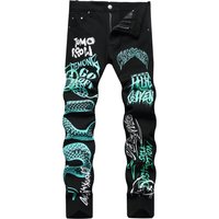 Stretch Skinny Jeans Printed Design Slim Fit Tapered Jogger Denim Pants Casual Streetwear